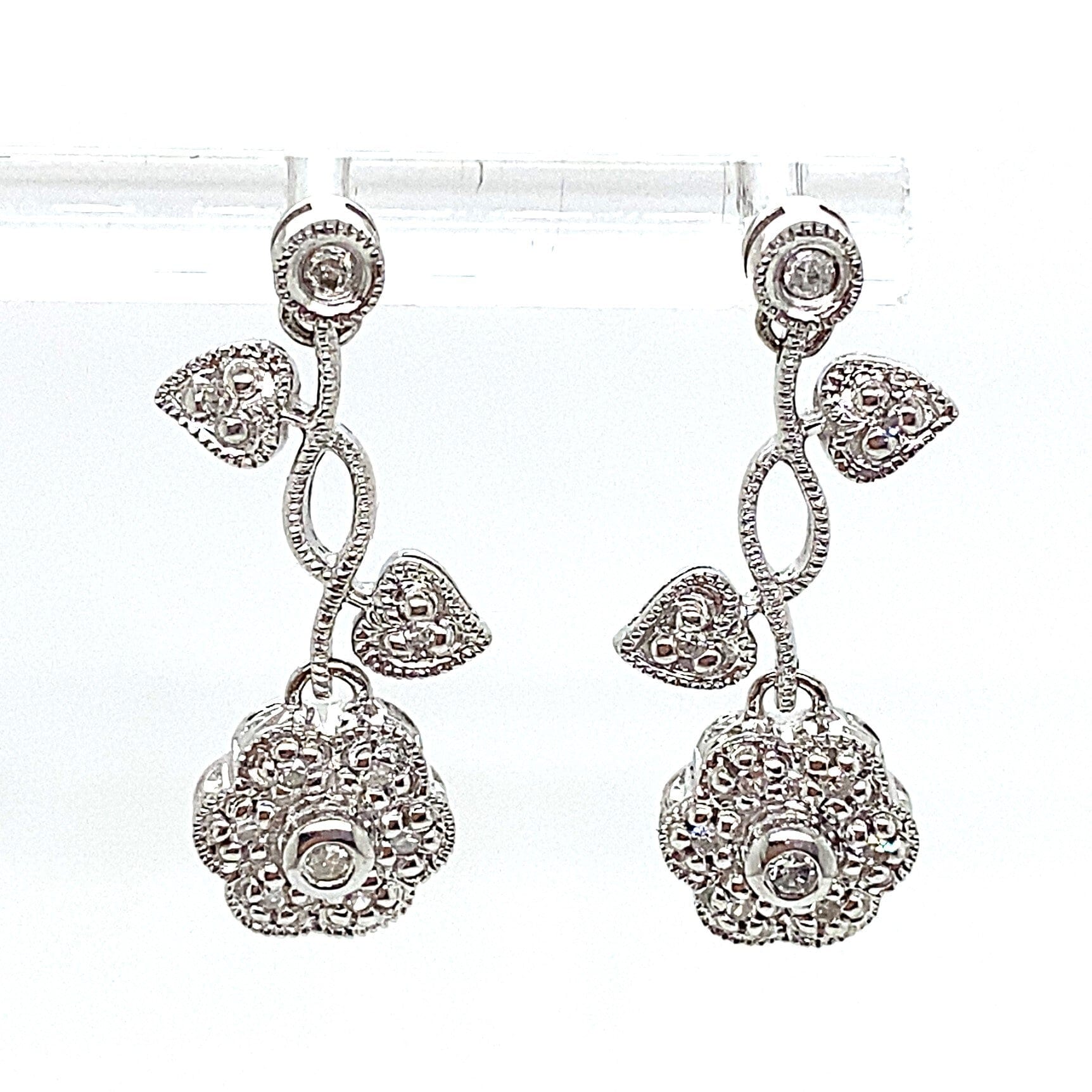 14K WHITE GOLD .35CT TW NATURAL DIAMOND HEART AND FLOWER STYLE EARRINGS