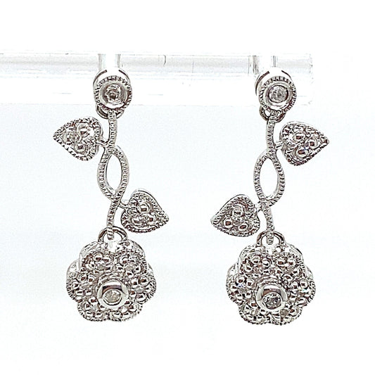14K WHITE GOLD .35CT TW NATURAL DIAMOND HEART AND FLOWER STYLE EARRINGS