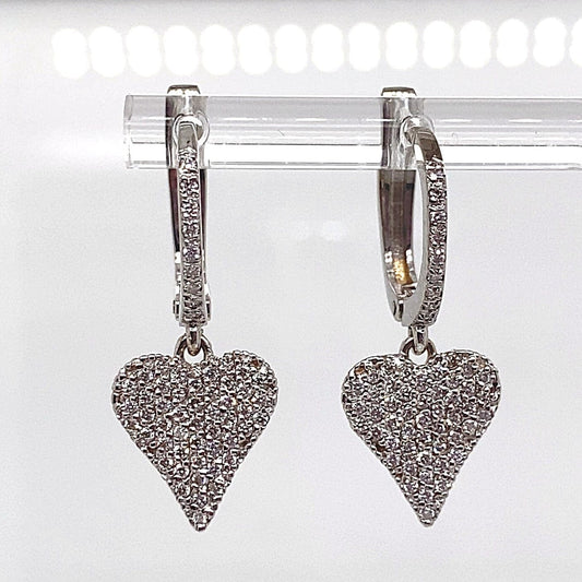 18K WHITE GOLD 3/4 CT TW NATURAL ROUND BRILLIANT DIAMOND PAVE HEART SHAPE PLATE DANGLE STYLE EARRINGS