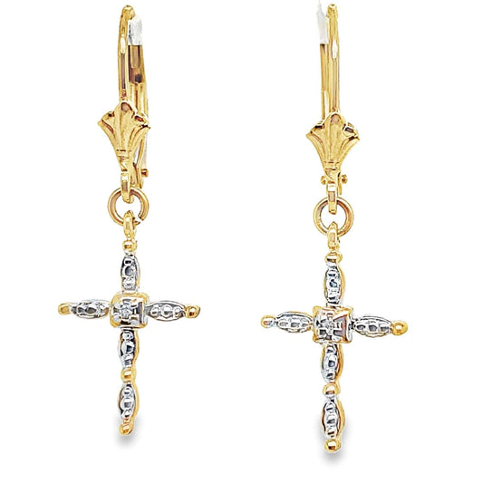 14K YELLOW GOLD DIAMOND CROSS ON FRENCH CLIP EARRINGS