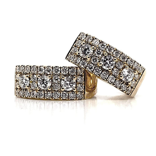 18K YELLOW GOLD .81 CT TW NATURAL ROUND BRILLIANT DIAMOND THREE ROW PAVE EARRINGS