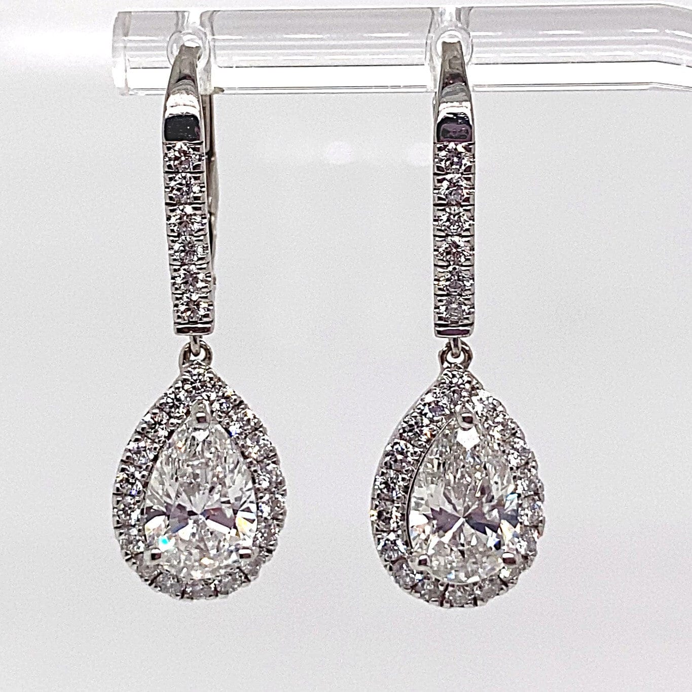 18K WHITE GOLD 3.75 CT TW PEAR SHAPE AND ROUND BRILLIANT LAB DIAMOND HALO STYLE DROP EARRINGS