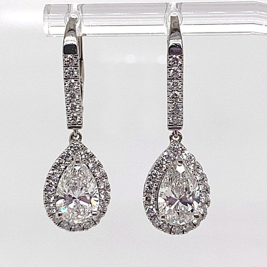 18K WHITE GOLD 3.75 CT TW PEAR SHAPE AND ROUND BRILLIANT LAB DIAMOND HALO STYLE DROP EARRINGS