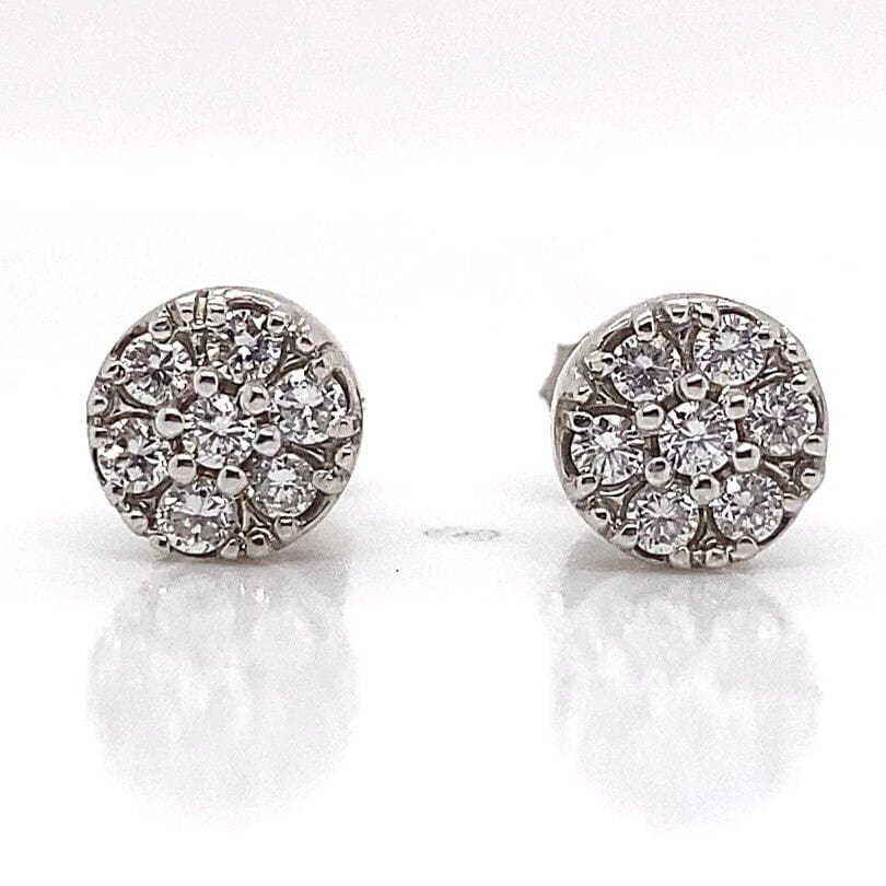 14K WHITE GOLD .60 CT TW NATURAL DIAMOND ROUND BRILLIANT CLUSTER PAVE STUD EARRINGS