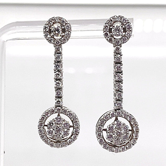 18K WHITE GOLD 1.68CT TW NATURAL ROUND BRILLIANT DIAMOND CLUSTER HALO STYLE DROP EARRINGS