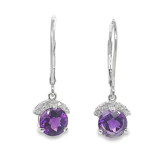 14K WHITE GOLD 2.6CT TW ROUND AMETHYST .09CT TW ROUND BRILLIANT DIAMOND DANGLE STYLE EARRINGS