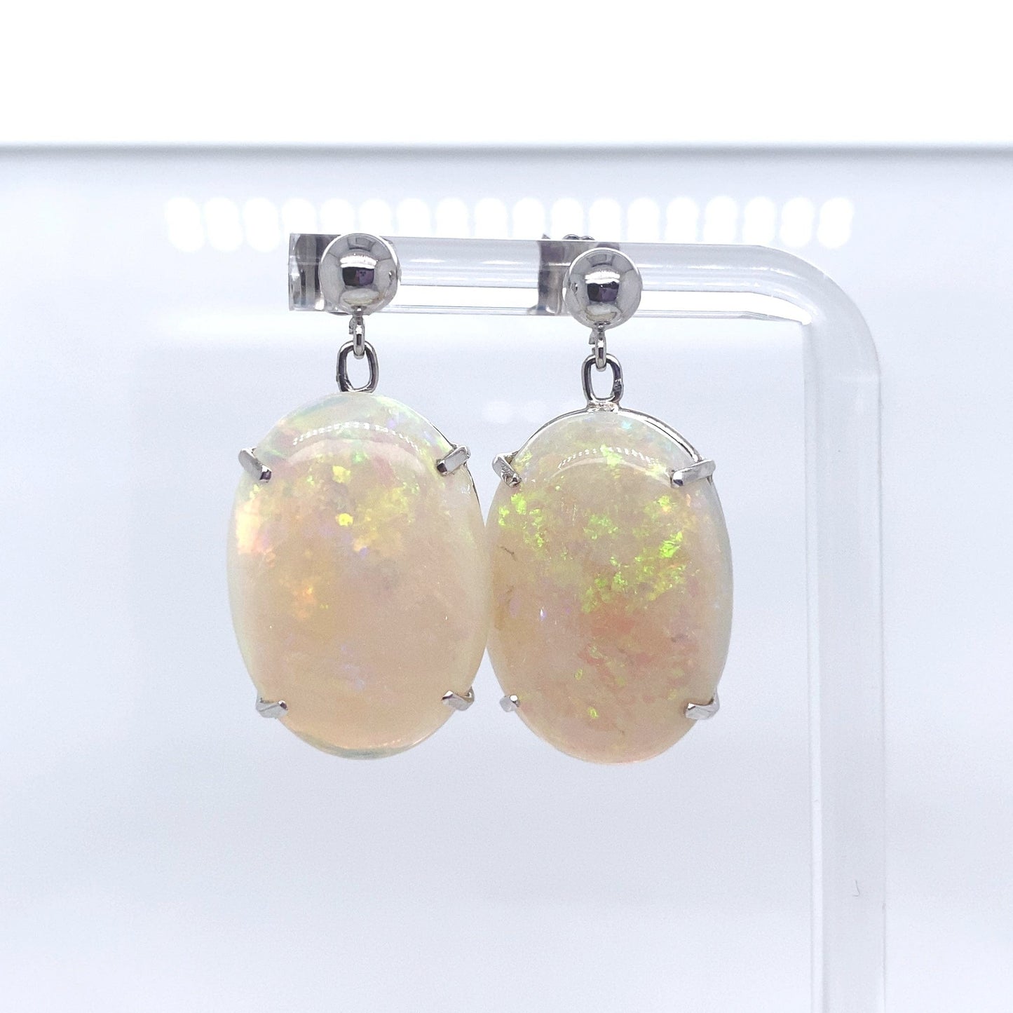 14K WHITE GOLD 22X16 MM AAA QUALITY OVAL SHAPE OPAL DROP EARRINGS