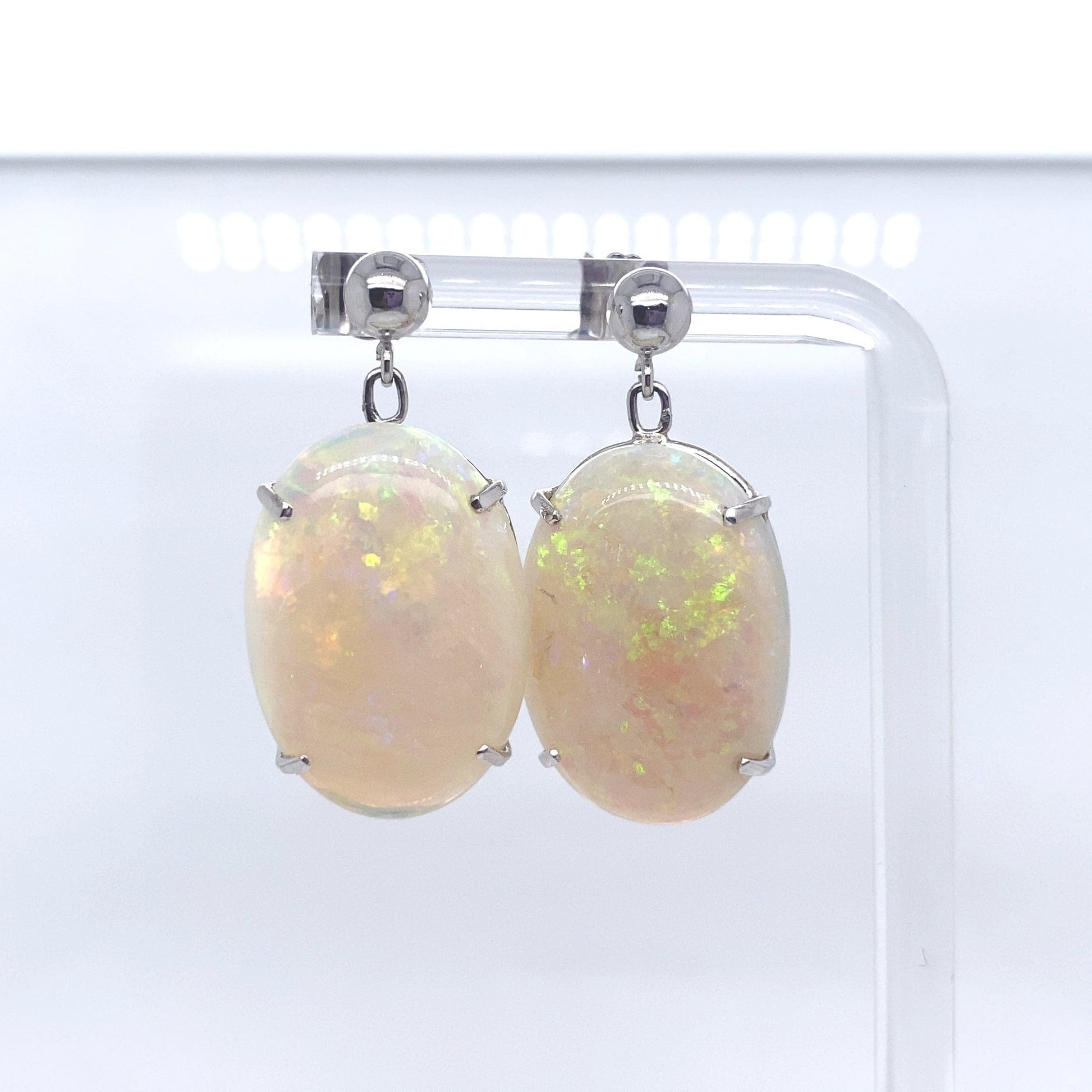 14K WHITE GOLD 22X16 MM AAA QUALITY OVAL SHAPE OPAL DROP EARRINGS