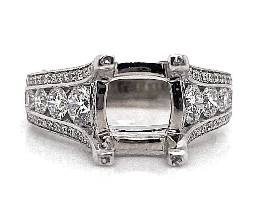 This exquisite 18K White Gold No Center 1.75 CT Natural Round Brilliant Diamond Accent Ring features detailed natural diamond accents and an open central setting, making it a perfect choice for holding a treasured gemstone. It serves as an ideal engagement ring to represent eternal love.