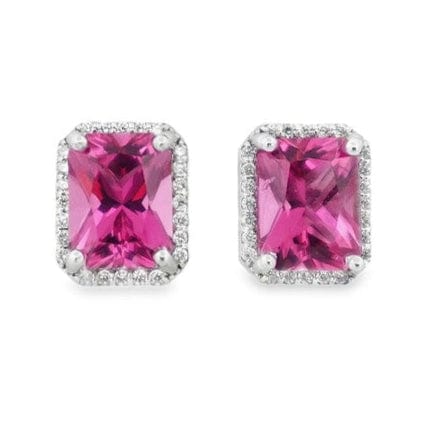 14KW 8X6MM EMERALD CUT PINK TOURMALINE .40CTW DIAMOND HALO EARRINGS