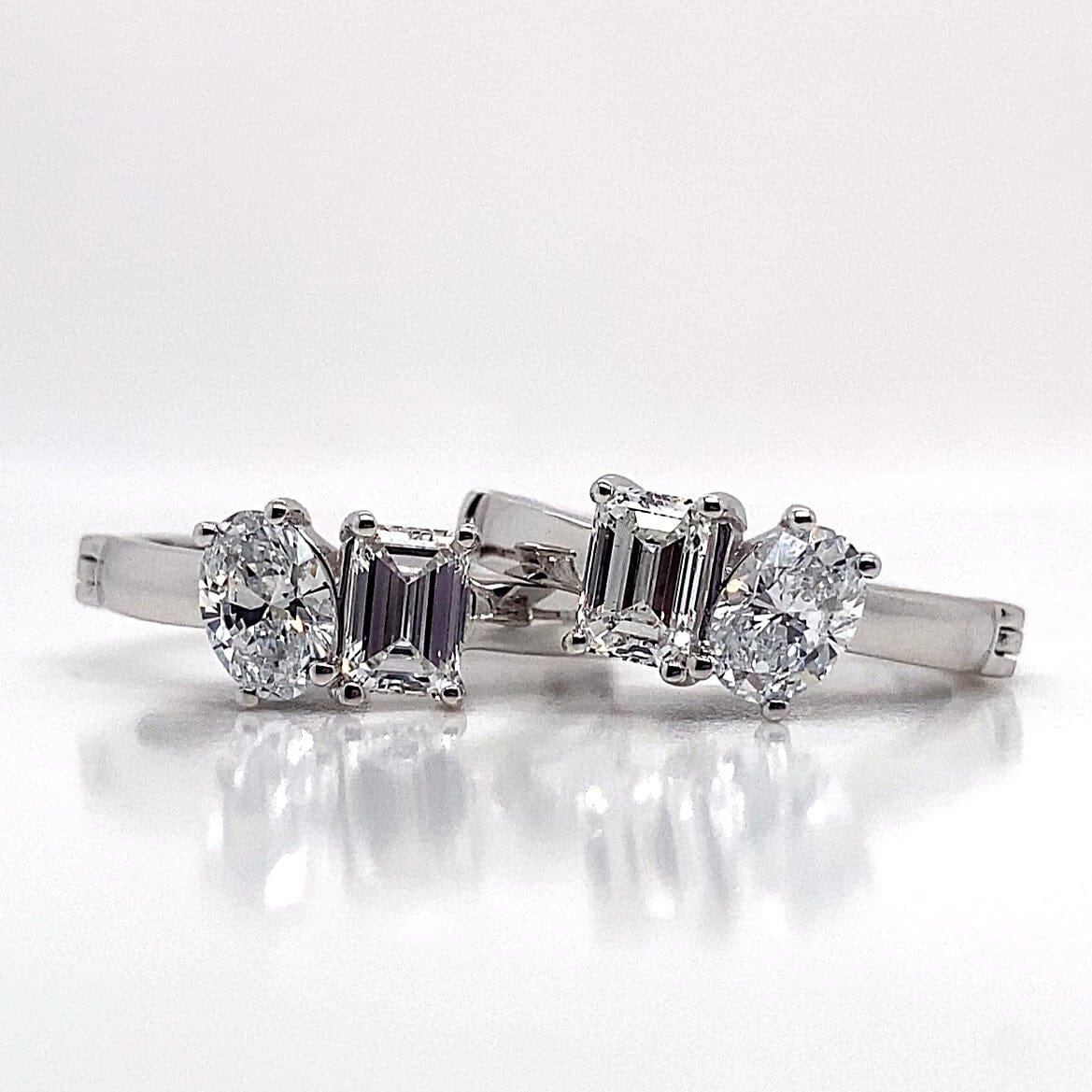 14K WHITE GOLD 2.0CT TW OVAL EMERALD LAB GROWN DIAMOND 2 STONE STYLE HOOP EARRINGS