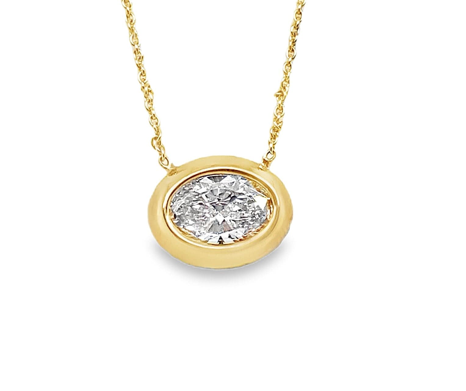 LAB GROWN OVAL DIAMOND NECKLACE 14K GOLD BEZEL SET 1.50CT