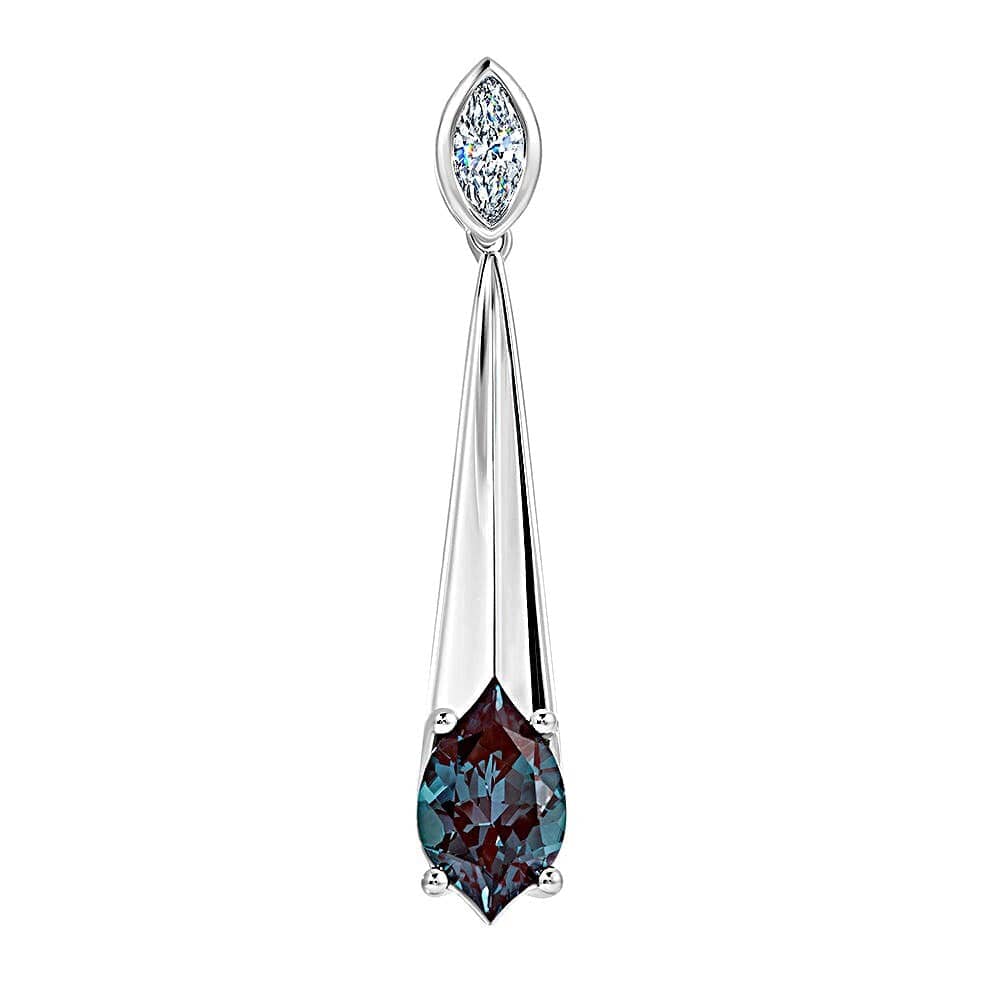 14K WHITE GOLD 10X6MM 1.54 CT LAB ALEXANDRITE CENTER .20 CT MARQUISE LAB GROWN DIAMOND ACCENT DROP STYLE NECKLACE