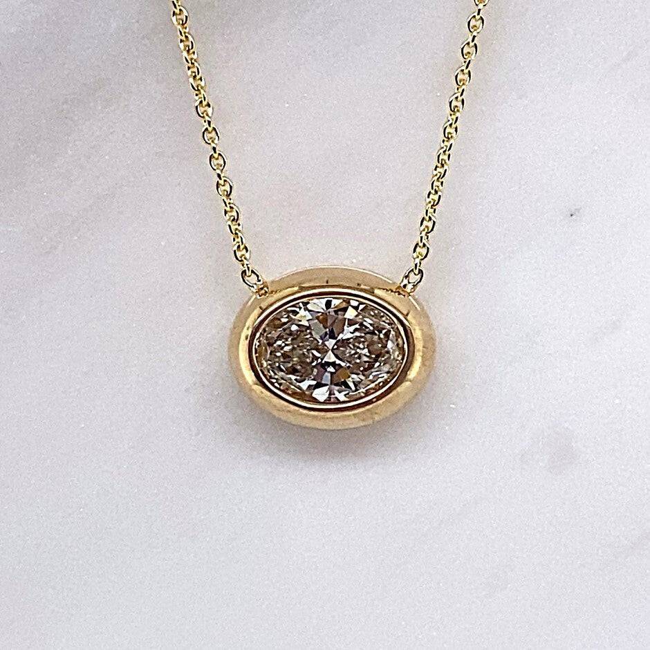 14K YELLOW GOLD 1CT OVAL LAB GROWN DIAMOND BEZEL SET EAST AND WEST STYLE NECKLACE