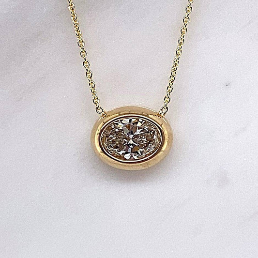 14K YELLOW GOLD 1CT OVAL LAB GROWN DIAMOND BEZEL SET EAST AND WEST STYLE NECKLACE