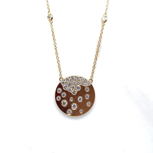 14K YELLOW GOLD 1.04 CT TW NATURAL ROUND BRILLIANT DIAMOND SPRINKLE STYLE ROUND DISC NECKLACE  WITH DIAMONDS ON THE CHAIN