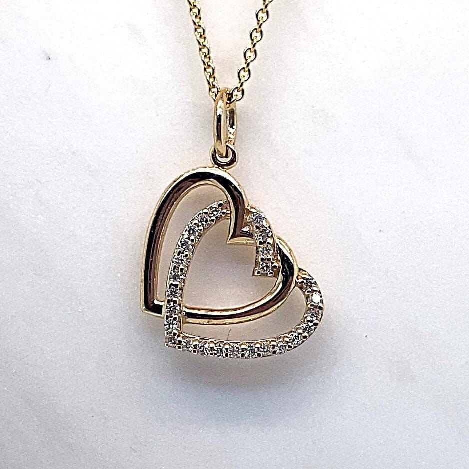 10K YELLOW GOLD 0.08CT TW NATURAL ROUND BRILLIANT DIAMOND DOUBLE HEART SHAPE STYLE PENDANT WITH CHAIN