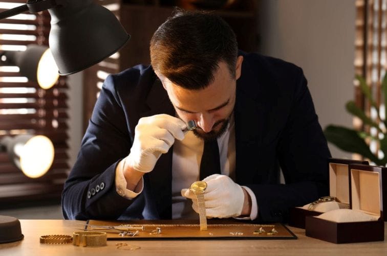 PHOTO OF MAN IN SUIT LOOKING AT JEWELRY ON A DESK