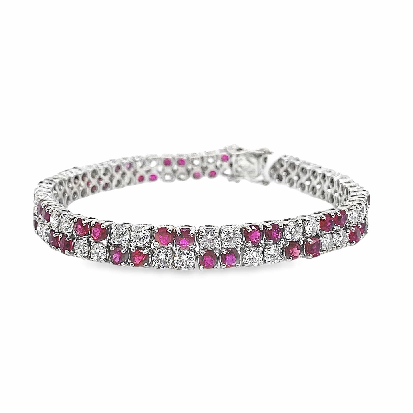 14K WHITE GOLD 6 CT TW RBC NATURAL ROUND BRILLIANT DIAMONDS 6.5 CT TW NATURAL ROUND BRILLIANT RUBY TWO ROW PRONG SET TENNIS BRACELET ESTATE 7"