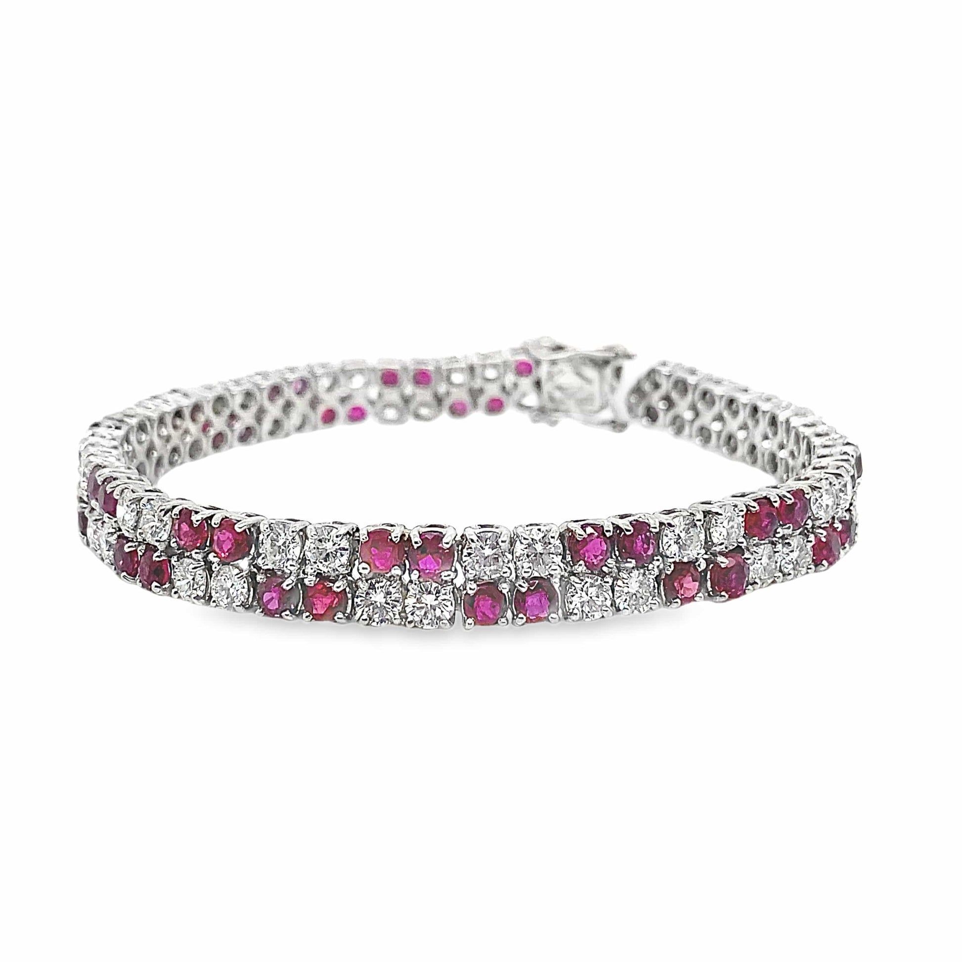 14K WHITE GOLD 6 CT TW RBC NATURAL ROUND BRILLIANT DIAMONDS 6.5 CT TW NATURAL ROUND BRILLIANT RUBY TWO ROW PRONG SET TENNIS BRACELET ESTATE 7"