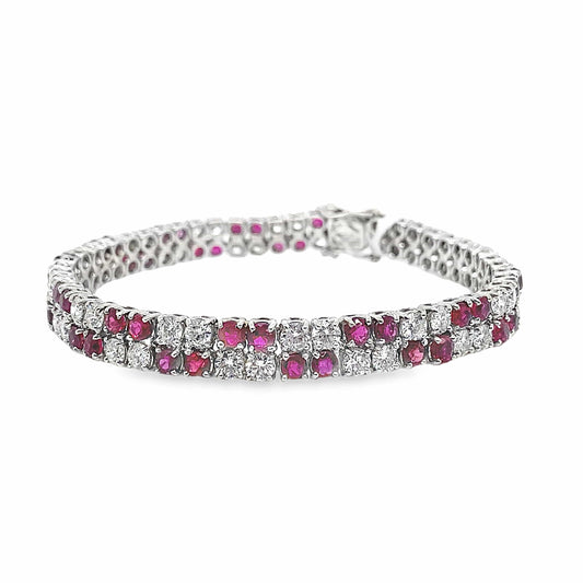 14K WHITE GOLD 6 CT TW RBC NATURAL ROUND BRILLIANT DIAMONDS 6.5 CT TW NATURAL ROUND BRILLIANT RUBY TWO ROW PRONG SET TENNIS BRACELET ESTATE 7"