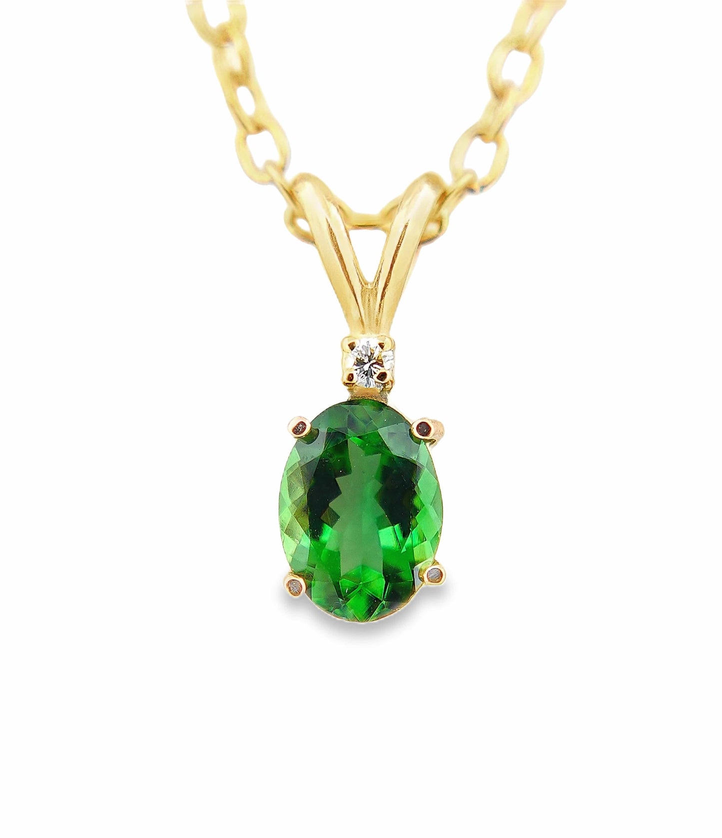 14KY 9X7MM OVAL LG EMERALD .03CT NAT DIAMOND ACCENT PENDANT