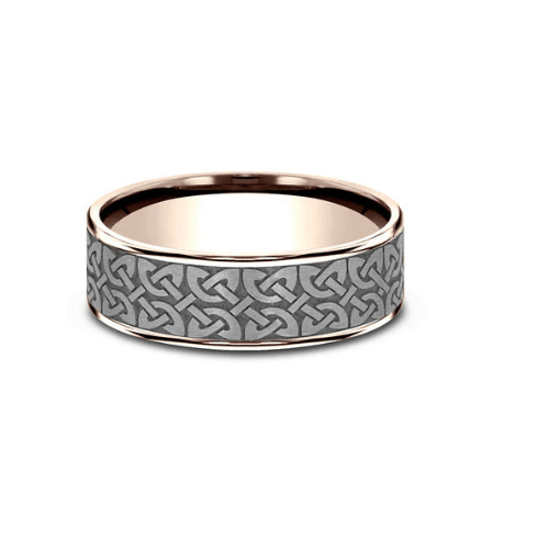 14K ROSE GOLD AND GREY TANTALUM CELTIC KNOT CENTER, THIN POLILSHED EDGES 7.5MM BAND WIDTH SIZE 8