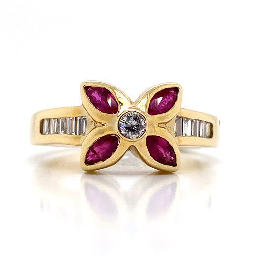 14K YELLOW GOLD .81 CT TW NATURAL RUBY ACCENT .35 CT TW NATURAL BAGUETTE DIAMOND ACCENT FASHION RING
