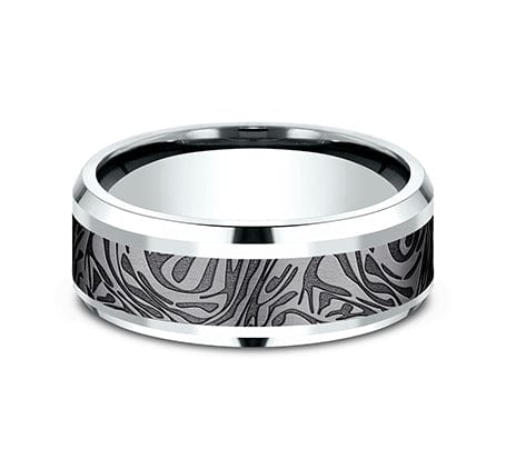 14K WHITE GOLD & GREY TANTALUM MEN'S BAND MOKUME CENTER BEVELED EDGES 8MM COMFORT-FIT SIZE 10