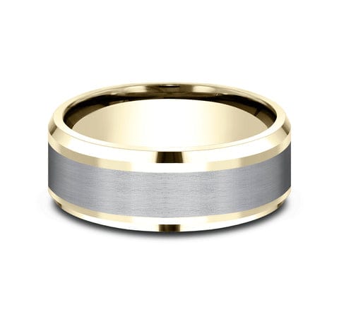 14K YELLOW GOLD & GREY TANTALUM MEN'S BAND SATIN CENTER BEVELED EDGES 7MM COMFORT-FIT SIZE 10