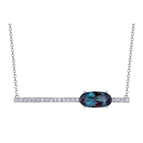 14K WHITE GOLD 12X6MM 2.38CT OVAL CHECKERBOARD LAB ALEXANDRITE .27CT LAB GROWN DIAMOND ACCENT BAR STYLE NECKLACE