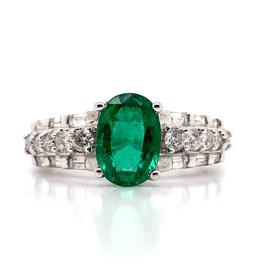 14K WHITE GOLD 1.44 CT NATURAL EMERALD CENTER .36 CT TW NATURAL ROUND BRILLIANT FASHION RING
