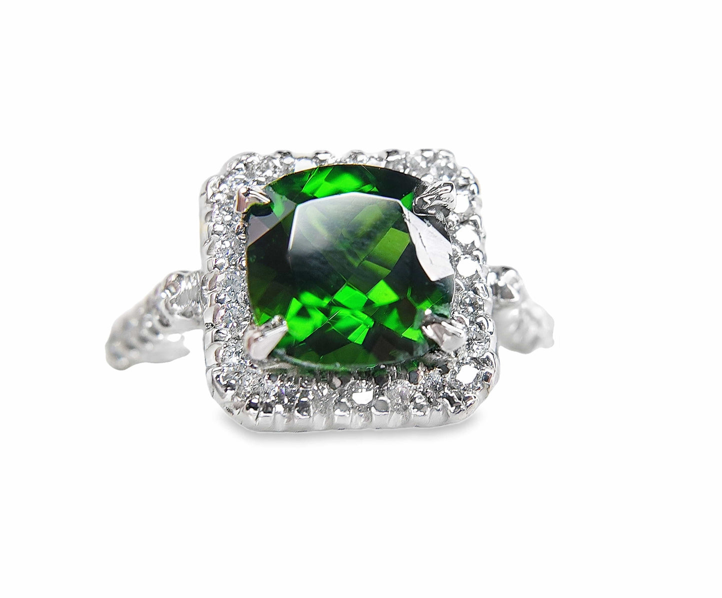 PLATINUM 7MM CUSHION CHROME DIOPSIDE & .36CTW NAT DIAMOND HALO RING