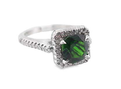 PLATINUM 7MM CUSHION CHROME DIOPSIDE & .36CTW NAT DIAMOND HALO RING