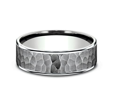 14K WHITE GOLD & DARK GREY TANTALUM MEN'S BAND HAMMERED CENTER THIN POLISHED EDGES 7.5MM COMFORT-FIT SIZE 10