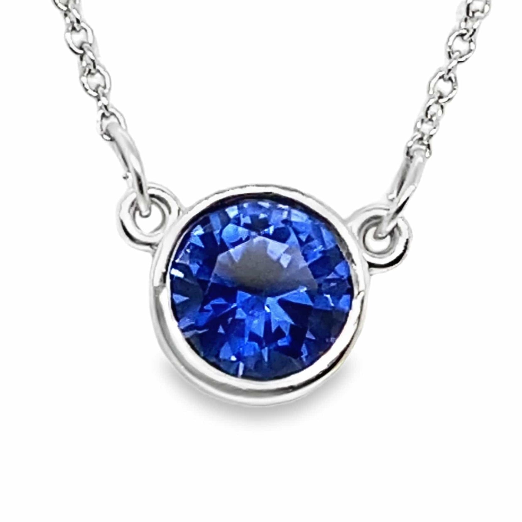 14KW 1.26CT ROUND NAT BLUE SAPPHIRE CENTER BEZEL SET NECKLACE