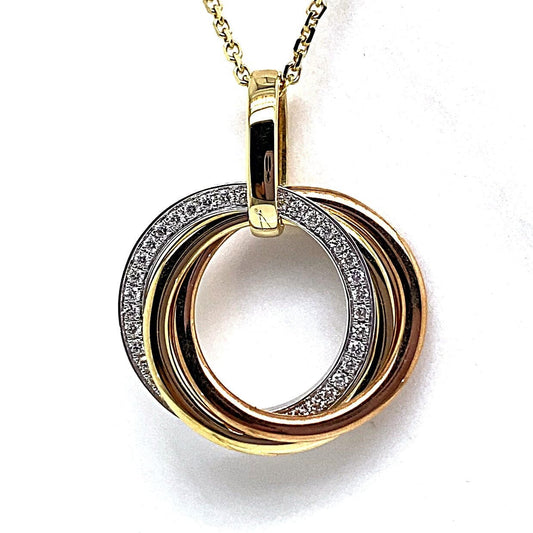 18K WHITE YELLOW AND ROSE GOLD .32 CT TW NATURAL ROUND BRILLIANT DIAMOND THREE CIRCLE STYLE PENDANT WITH CHAIN