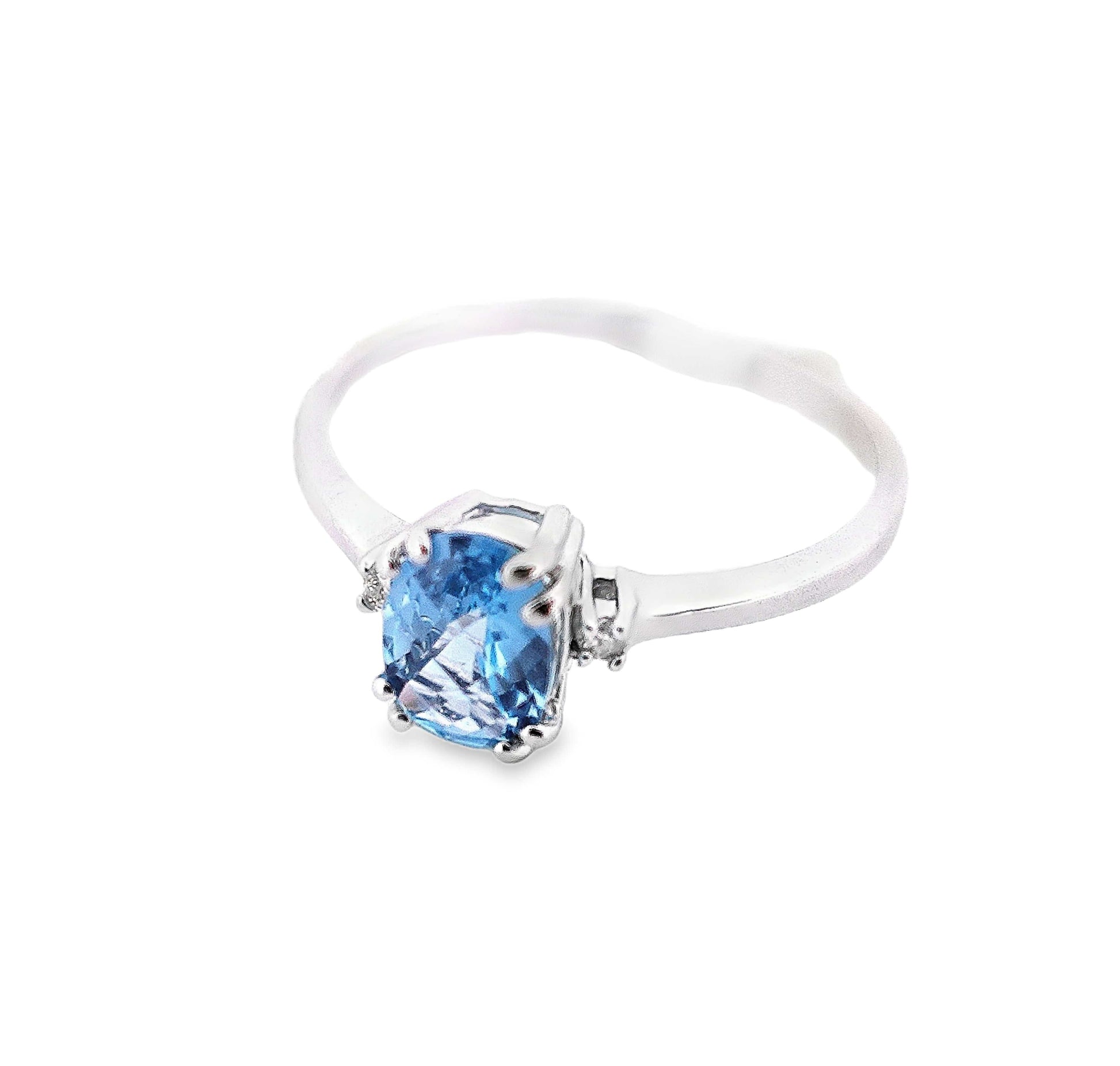 14KW 7X5MM CUSHION BLUE TOPAZ & .04CT DIAMOND ACCENT RING