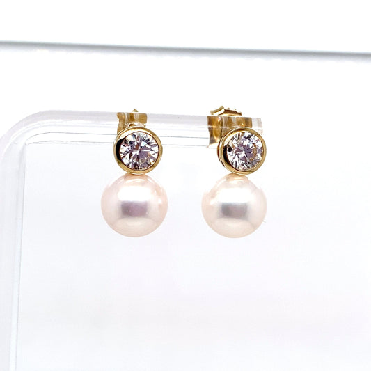 14K YELLOW GOLD 9.5-10 MM FRESHWATER PEARL 1.0 CT TW ROUND BRILLIANT LAB GROWN DIAMOND BEZEL SET EARRINGS