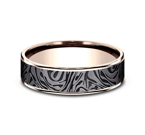 14K ROSE GOLD & DARK GREY TANTALUM MEN'S BAND MOKUME CENTER POLISHED EDGES 6.5MM COMFORT-FIT SIZE 10