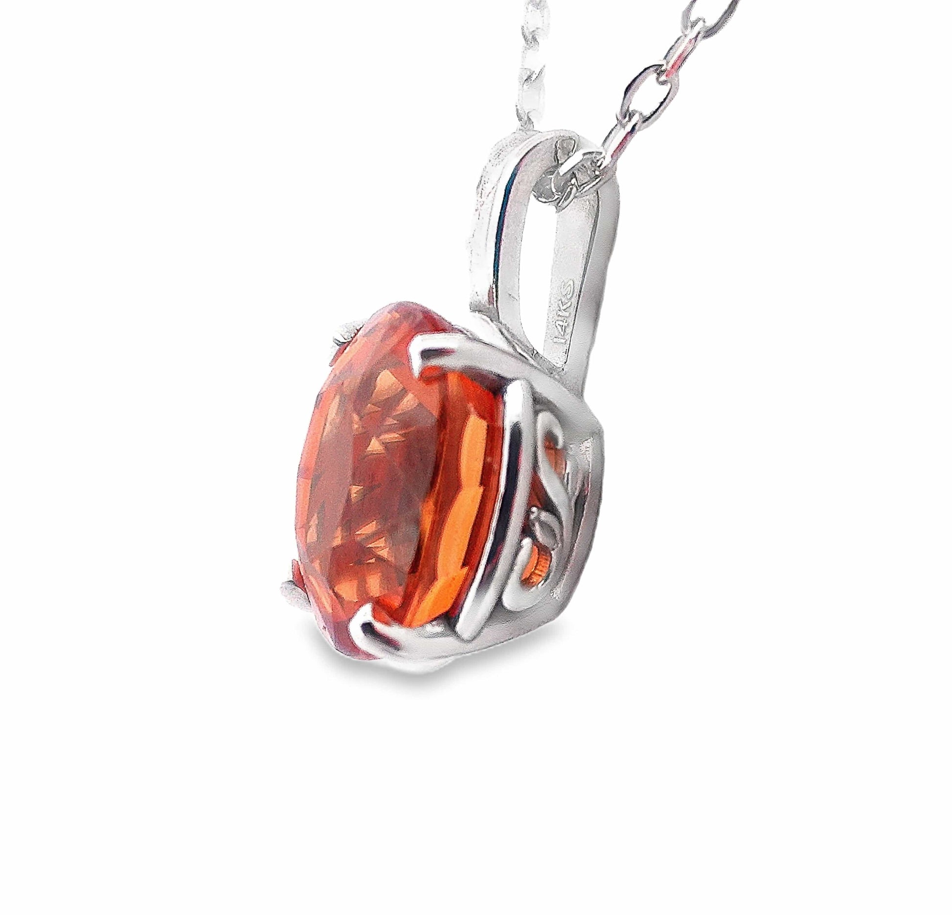 14KW 10X8MM OVAL MANDARIN GARNET AA SCROLL PENDANT
