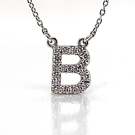 14K WHITE GOLD 1/5 CT TW NATURAL ROUND BRILLIANT DIAMOND "B" SHAPE PENDANT WITH CHAIN