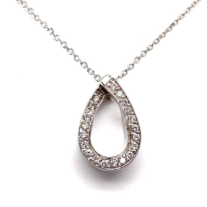 14K white gold necklace with a teardrop-shaped pendant features 1/4 ct TW natural round brilliant diamond pave, enhancing its elegance.