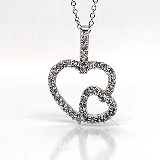 14K WHITE GOLD 1/2 CT TW NATURAL ROUND BRILLIANT DIAMOND AND AQUA MARINE ACCENT DOUBLE HEART STYLE PENDANT WITH CHAIN