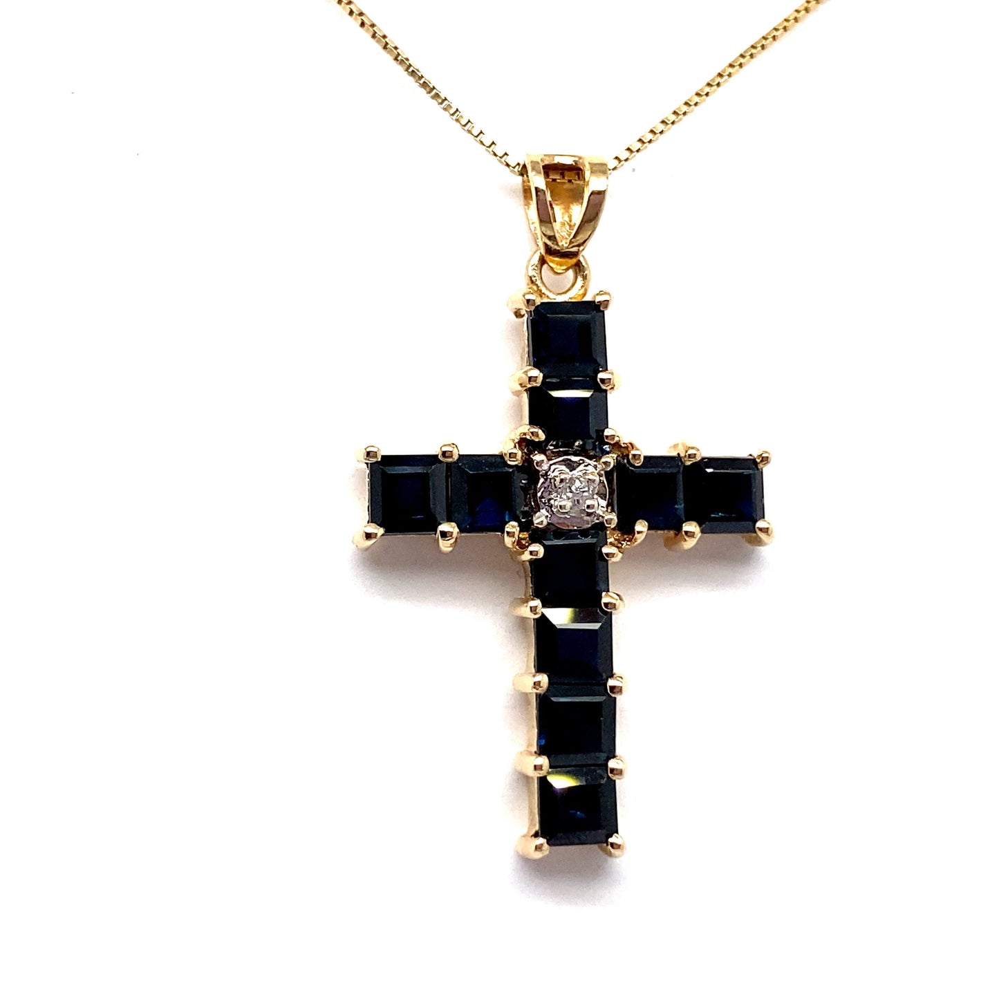 christopher fine diamonds 14k yellow gold 2 1/2 ct tw natural blue sapphire and diamond cross pendant estate