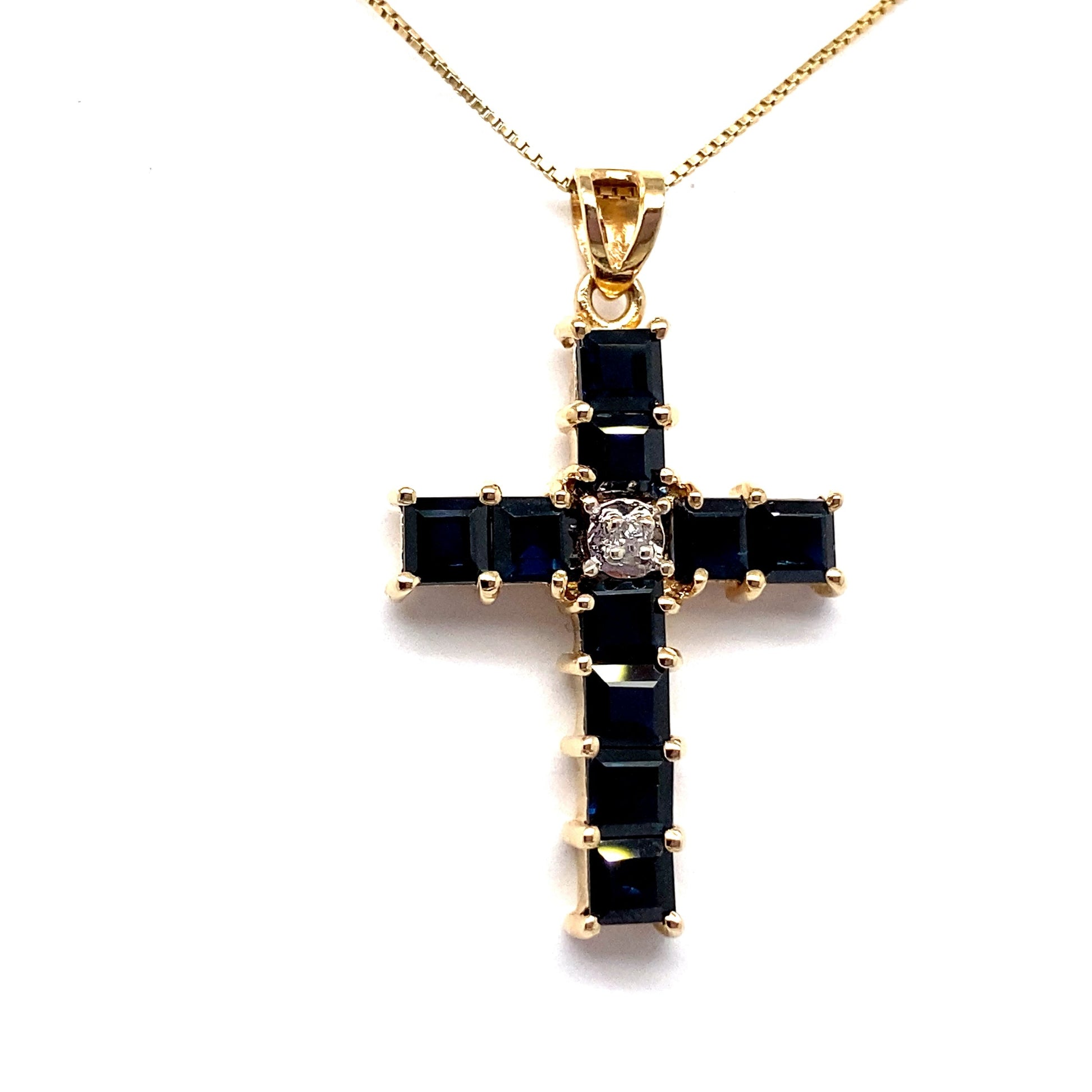 Christopher Fine Diamonds 14K YELLOW GOLD 2 1/2 CT TW NATURAL BLUE SAPPHIRE AND DIAMOND CROSS PENDANT ESTATE