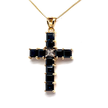 Christopher Fine Diamonds 14K YELLOW GOLD 2 1/2 CT TW NATURAL BLUE SAPPHIRE AND DIAMOND CROSS PENDANT ESTATE