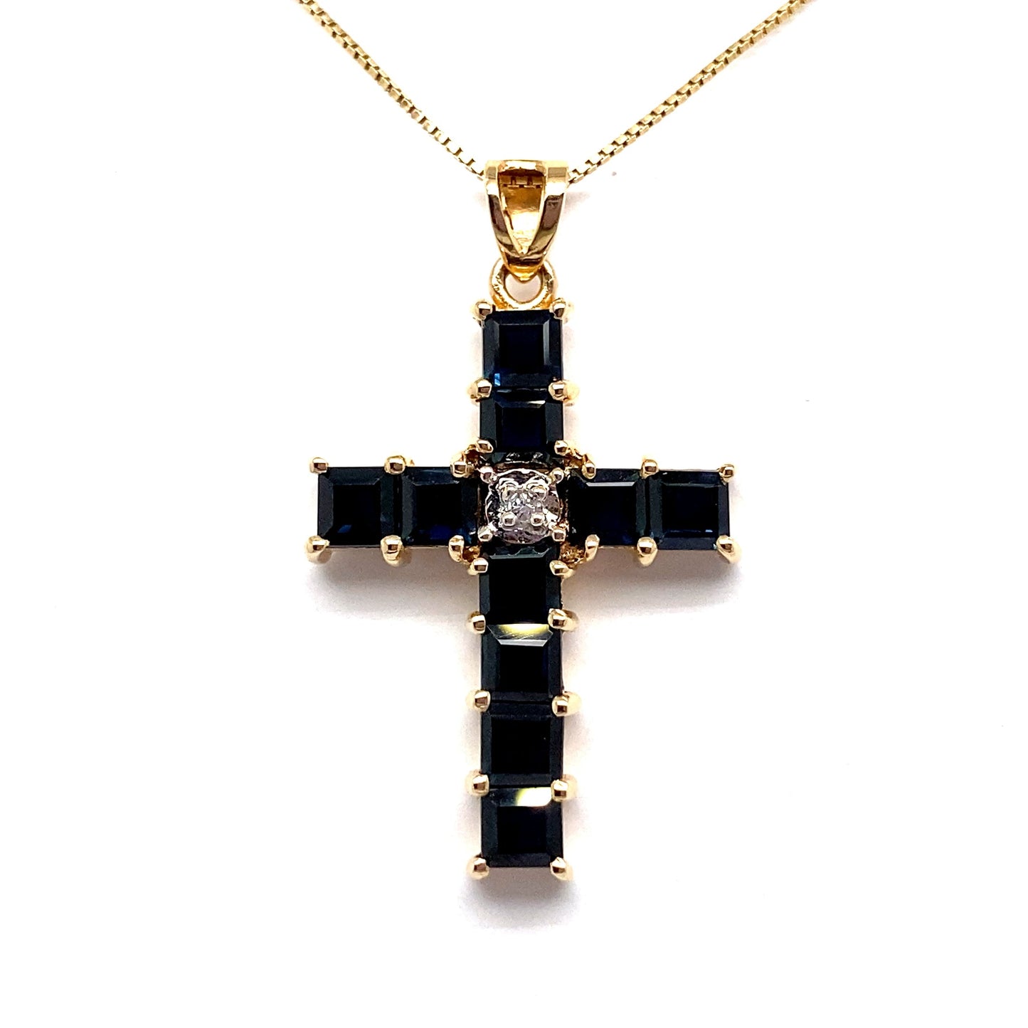 christopher fine diamonds 14k yellow gold 2 1/2 ct tw natural blue sapphire and diamond cross pendant estate