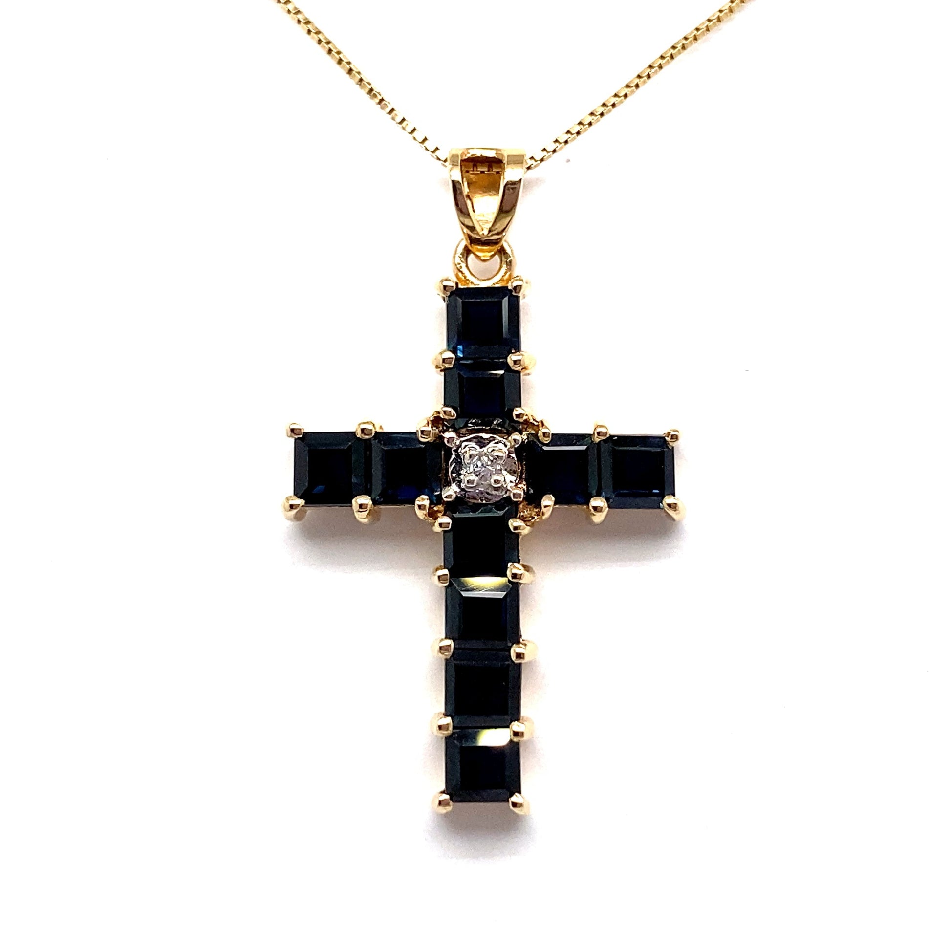 Christopher Fine Diamonds 14K YELLOW GOLD 2 1/2 CT TW NATURAL BLUE SAPPHIRE AND DIAMOND CROSS PENDANT ESTATE