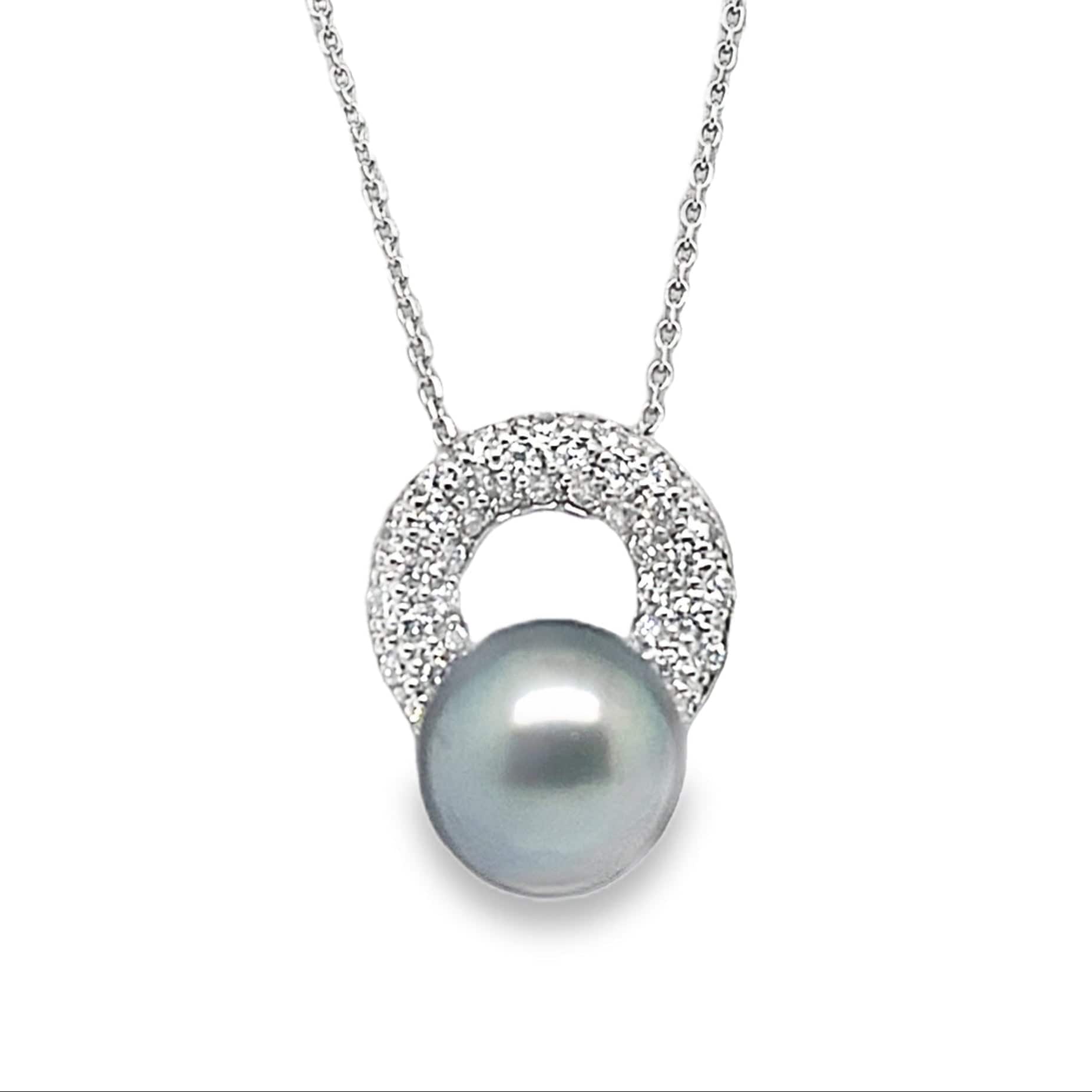 14K WHITE GOLD TAHITIAN PEARL CENTER .65 CT TW ROUND BRILLIANT DIAMOND ACCENT  PENDANT WITH CHAIN